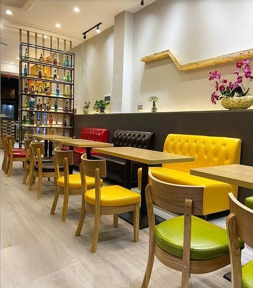 Colorful fast food booth seating